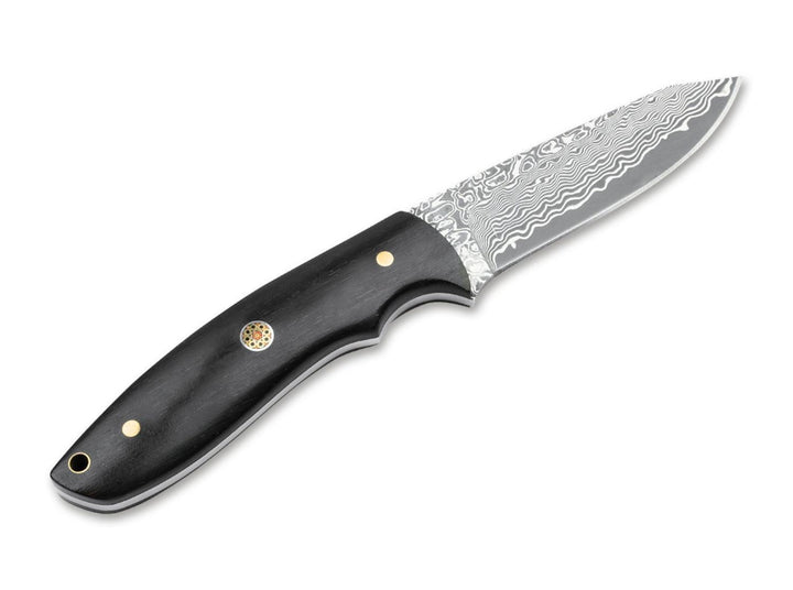 Böker Magnum Vernery Damascus fixed blade knife with Damascus blade pointing right and black handle, reverse view