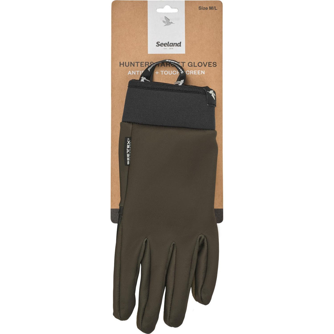 Seeland Target glove on its cardboard backing card reading Hunters Target Gloves, anti-slip and touch screen, size M/L, with the Seeland goose logo.