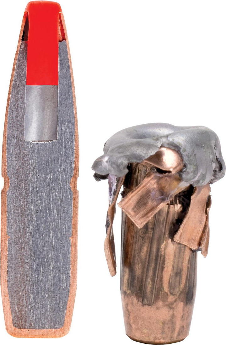 Sectioned SUB-X bullet beside a recovered expanded bullet, copper petals peeled back and lead core mushroomed over the nose