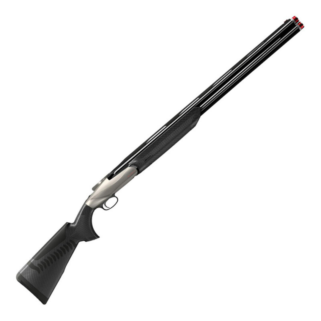 Benelli 828 U A.I. Supersport 12-gauge over-and-under, angled side view with a nickel-finish receiver, black carbon-look synthetic thumbhole stock, ventilated rib and red fibre-optic front sight.