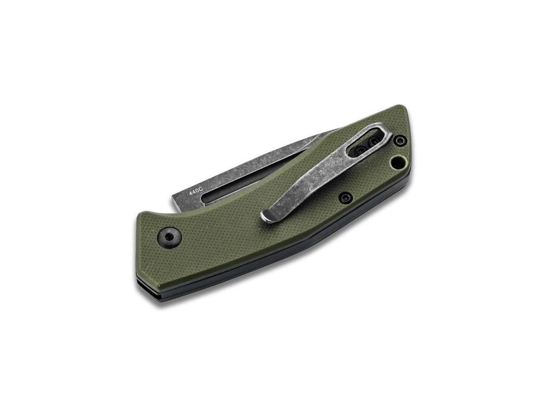 Böker Plus Worldwide 2.0 olive green folding knife closed, showing pocket clip, angled view