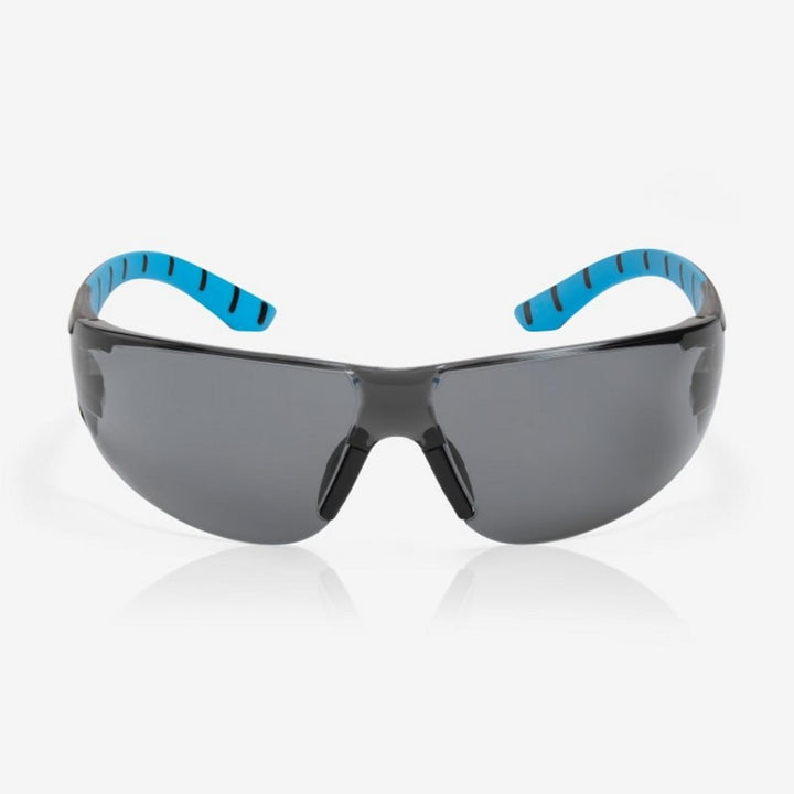 Riley Stream Blue safety glasses with grey lens, front view showing black and blue ribbed arms and nose pads