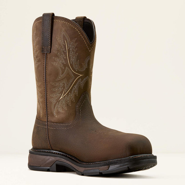 Ariat WorkHog XT brown work boot at a three-quarter front-right angle, showing the square toe and pull strap