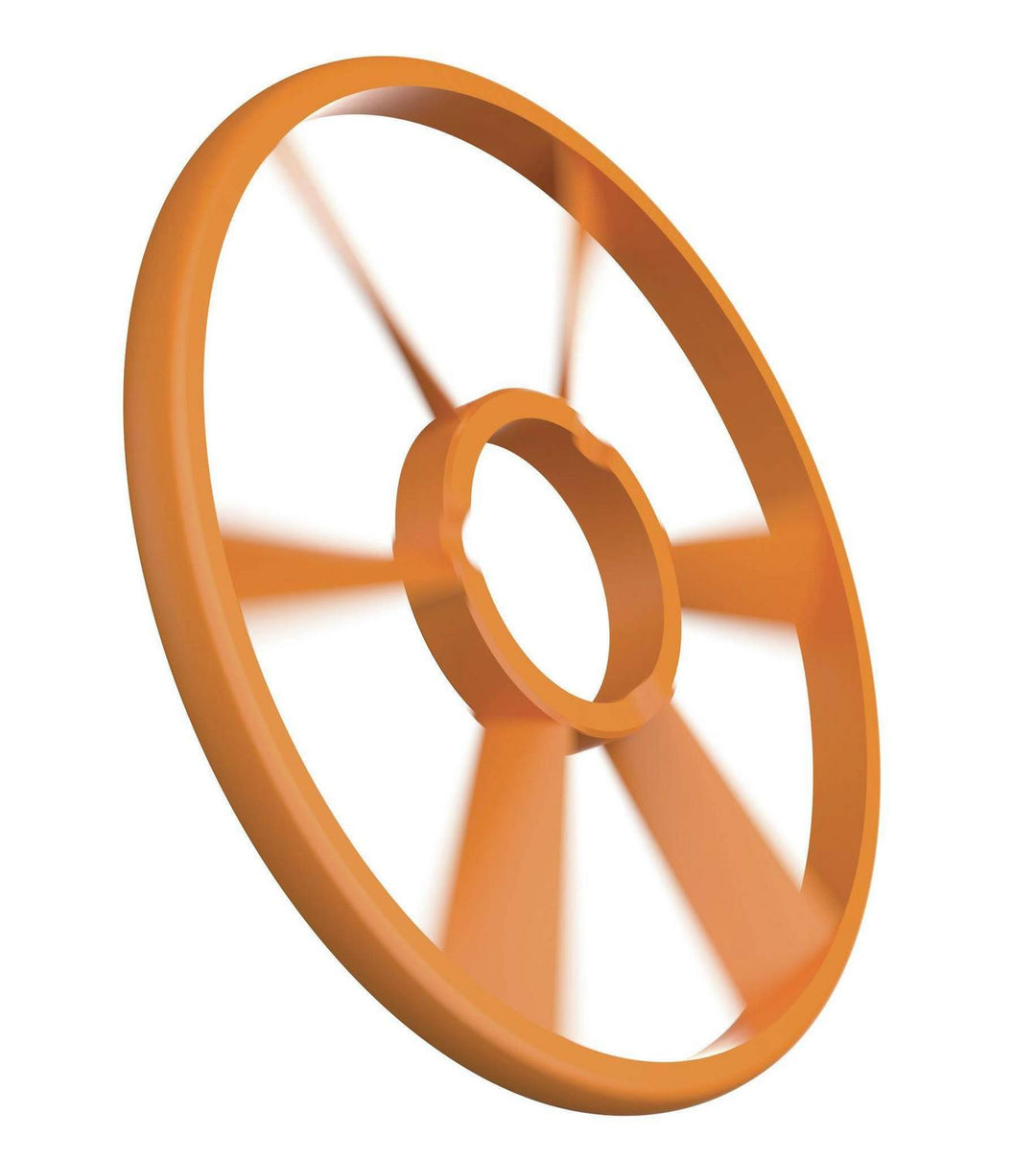 Caldwell ClayCopter 90mm target disc in orange, angled view of the six-spoke spinning disc shown in flight with motion blur