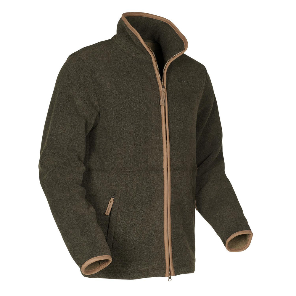 Three-quarter front view of the olive Crest fleece, showing the tan-trimmed stand collar, the full-length front zip and the contrast-bound cuffs.