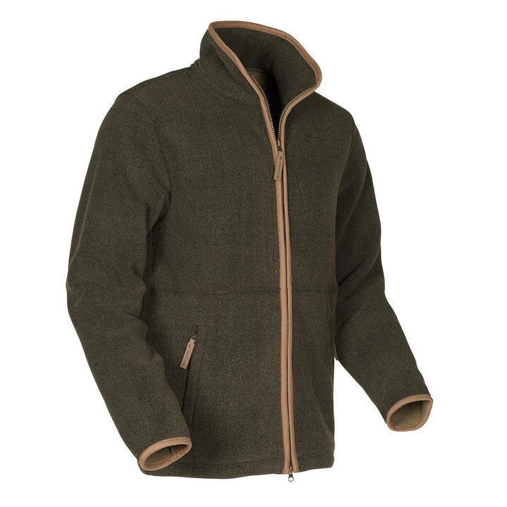 Three-quarter front view of the olive Crest fleece, showing the tan-trimmed stand collar, the full-length front zip and the contrast-bound cuffs.