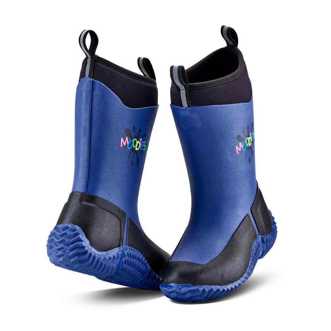 Grubs Muddies Icicle 5.0 kids wellington boots in blue with black lower and blue sole, Muddies logo, pair three-quarter view