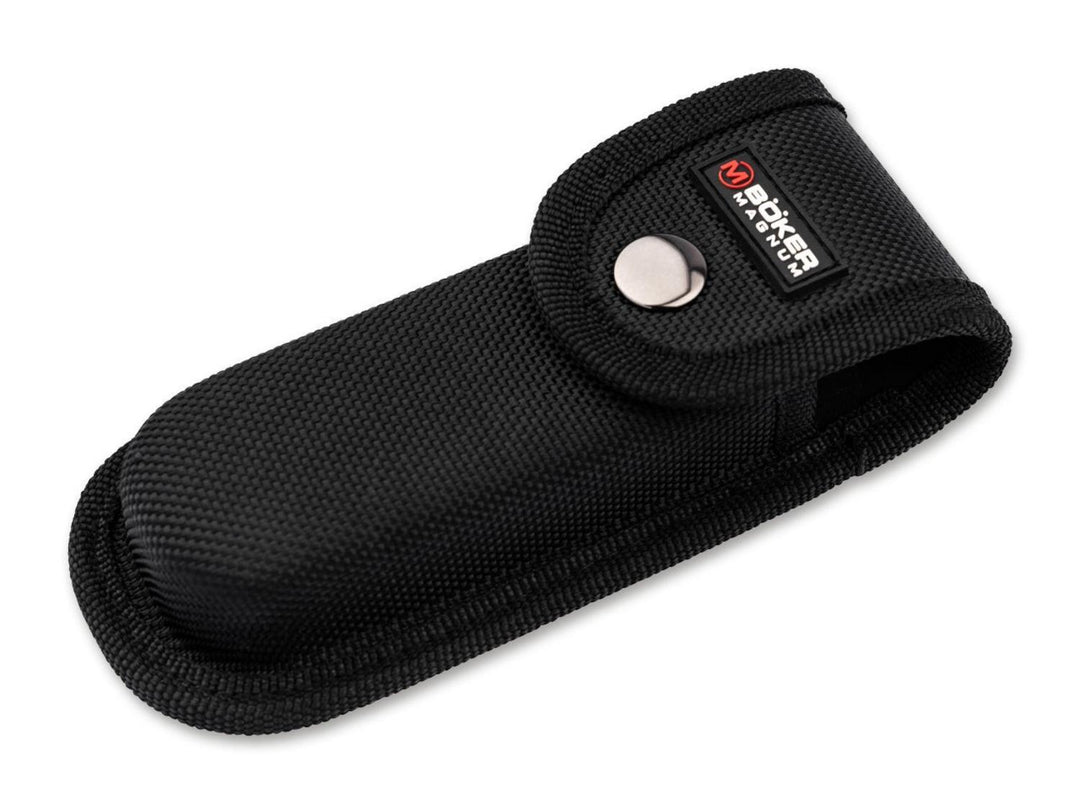 Black nylon belt pouch with Böker Magnum logo, shown with the Echidna folding knife