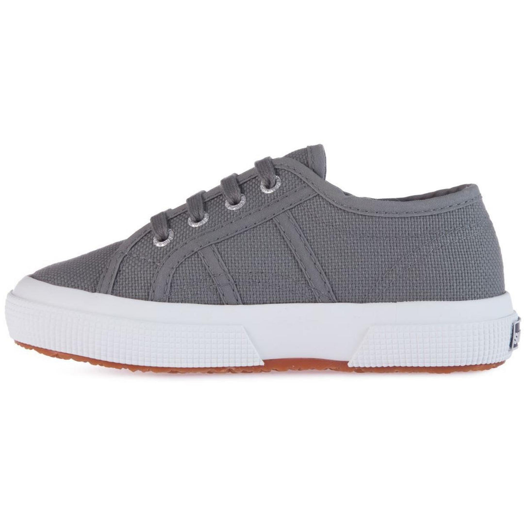 Superga 2750 JCOT Classic kids canvas trainer in grey, side view with laces and white rubber sole