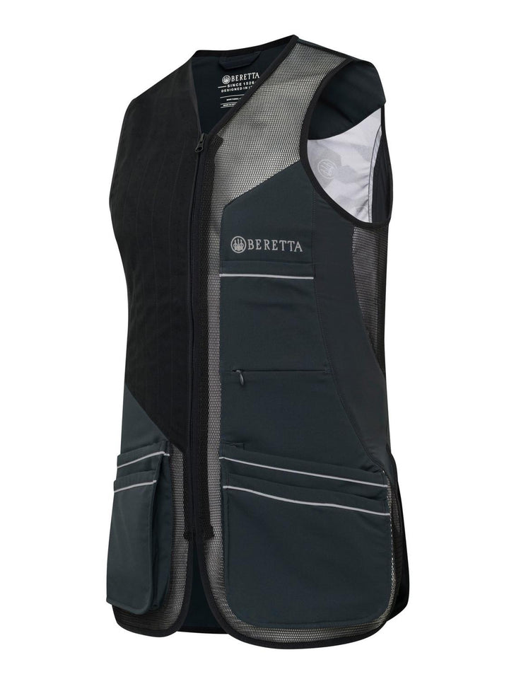Beretta Looper Vest in Camo, black and grey shooting vest, three-quarter front view with mesh panels, Beretta logo and pockets