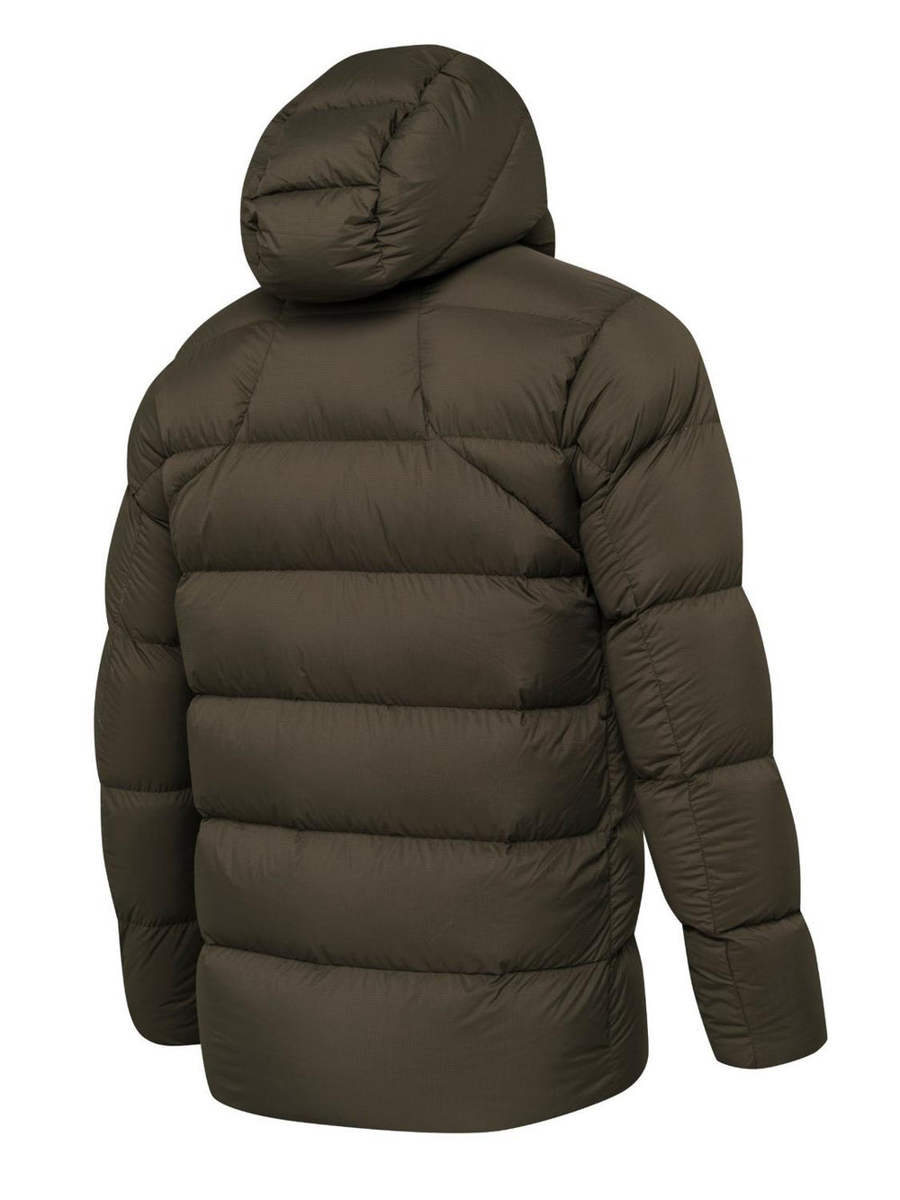 Rear three-quarter view of the olive Beretta Svalbard down jacket, showing the hooded back, rows of quilted baffles and the set-in sleeves.