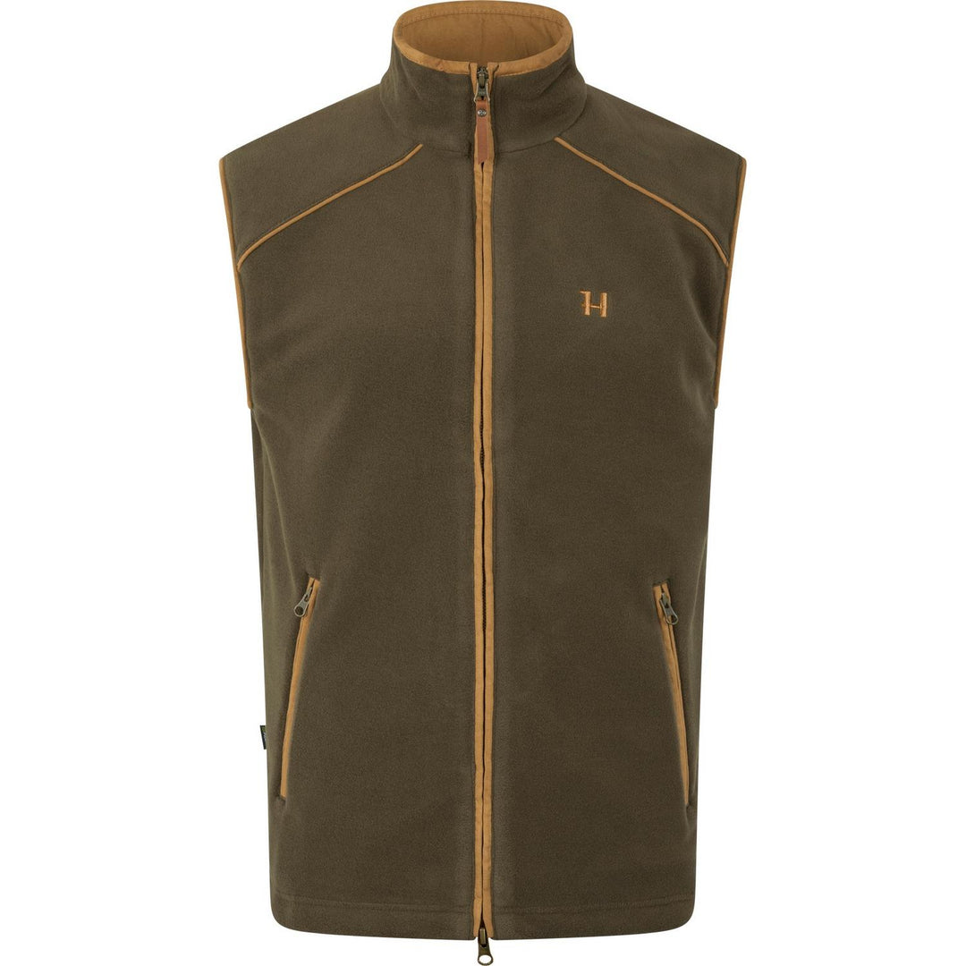 Härkila Sandhem 200 fleece waistcoat in Willow olive, front view showing the tan-piped shoulder seams and copper H chest logo