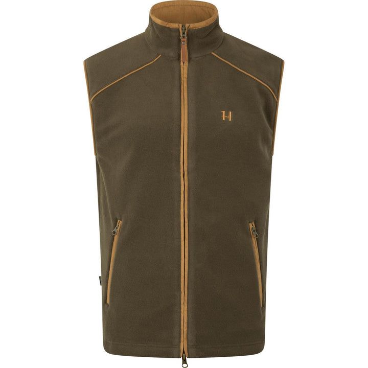 Härkila Sandhem 200 fleece waistcoat in Willow olive, front view showing the tan-piped shoulder seams and copper H chest logo
