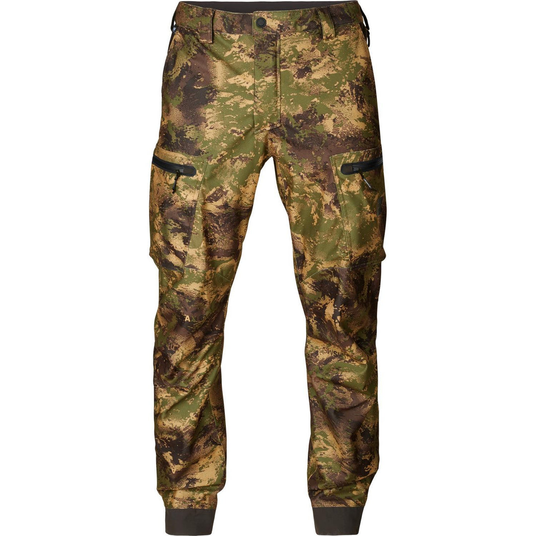 Härkila Deer Stalker camo HWS trousers, front view with camouflage AXIS MSP pattern, cargo pockets and cuffed ankles
