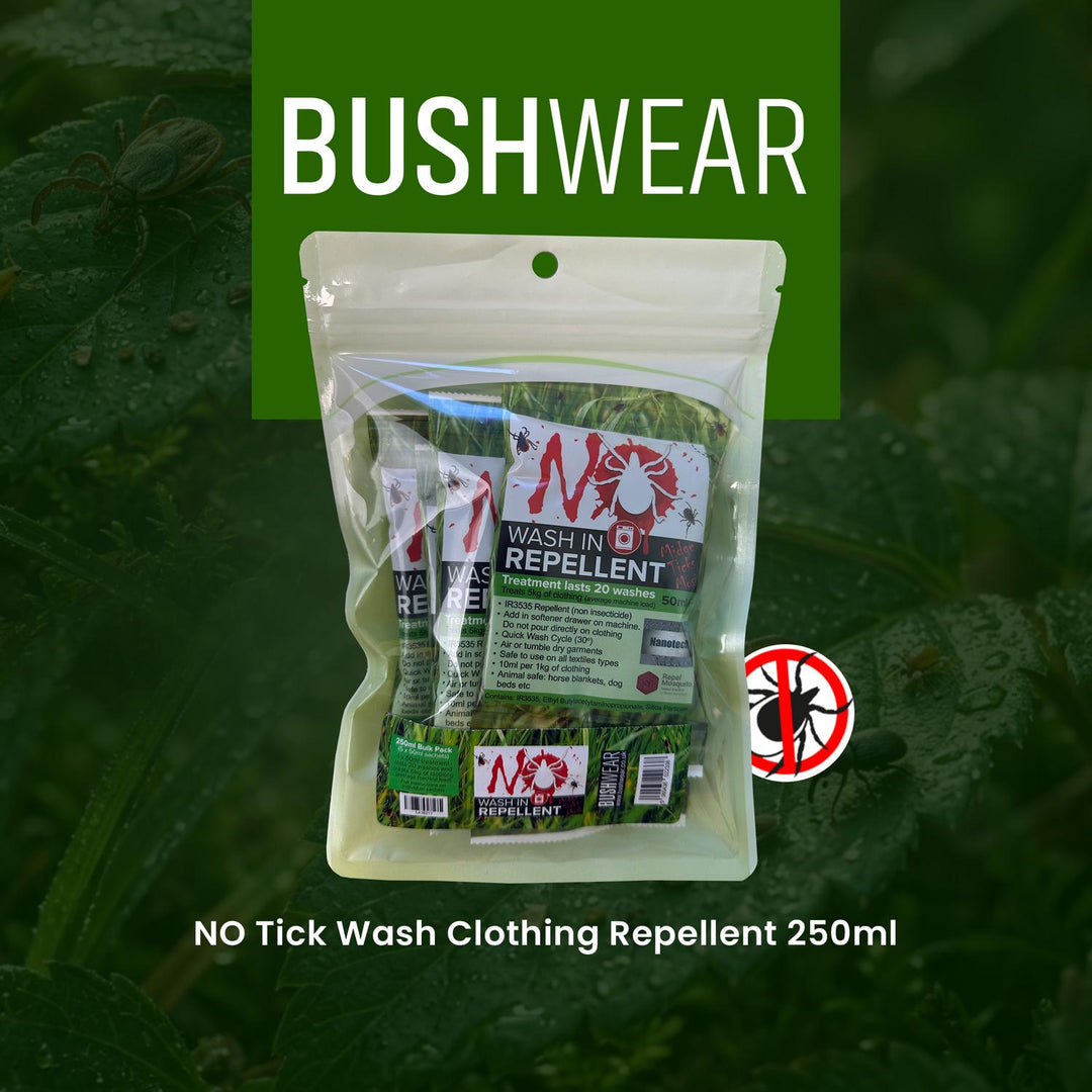 BushWear brand panel for NO Tick Wash Clothing Repellent 250ml with the product pouch