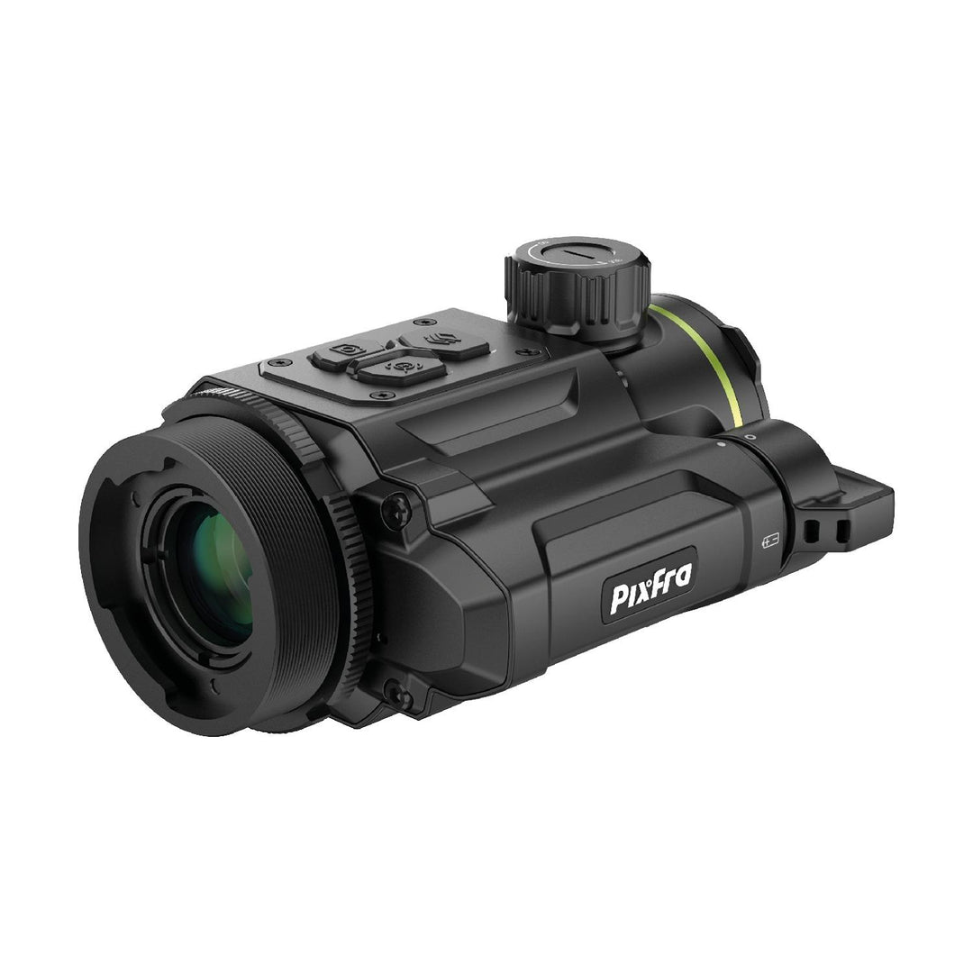 Pixfra Taurus T425 seen from the objective end, showing the green-coated germanium lens, focus ring and rear control buttons