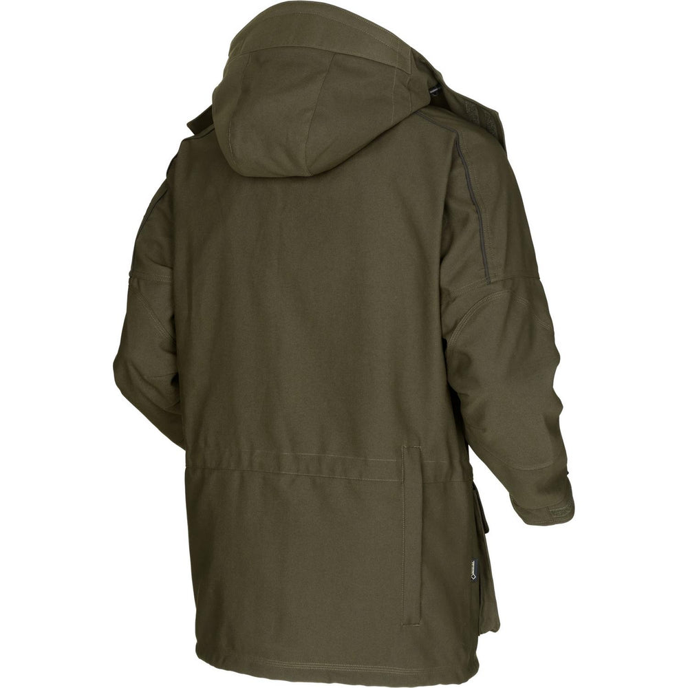 Härkila Pro Hunter Endure jacket in olive green, three-quarter rear view showing the hood and the long back with side zip vents