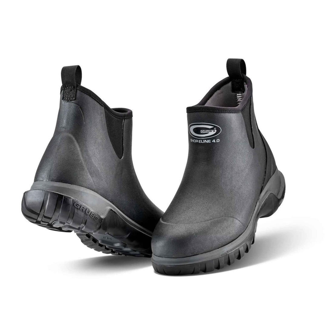 Grubs Shoreline 4.0 waterproof walking boots in black with pull tabs, pair shown from the front three-quarter