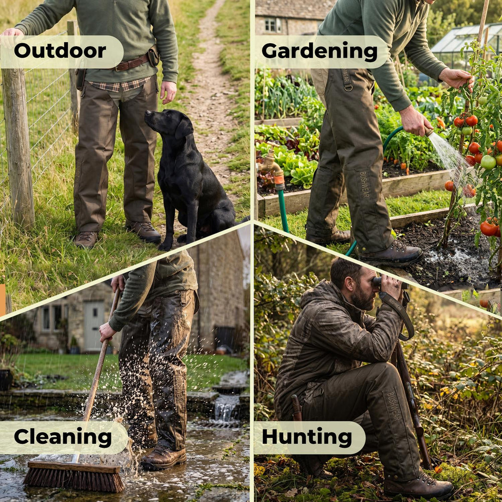 BushWear ThornGuard Pro Leggings lifestyle collage of four scenes - walking a dog outdoors, gardening, cleaning in a stream and crouched hunting - showing the leggings worn in use
