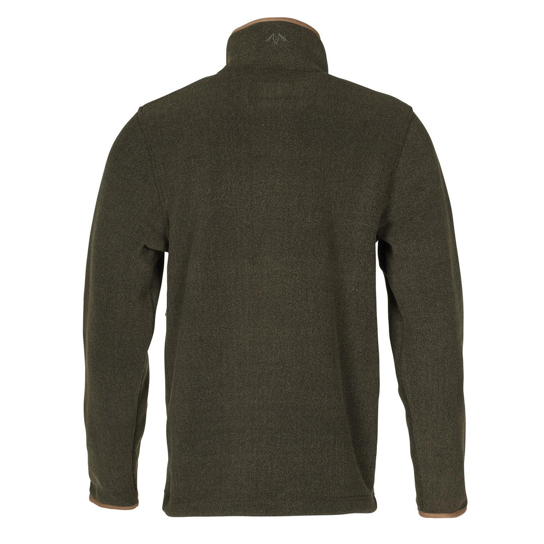 Rear view of the olive-green fleece jacket: plain back panel with an embroidered flying-bird logo at the base of the tan-trimmed collar.