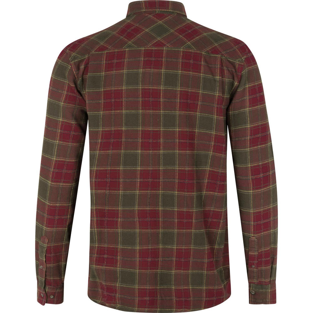 Seeland Glen flannel shirt in red and olive check, flat ghost-mannequin rear view showing plain yoke and back panel
