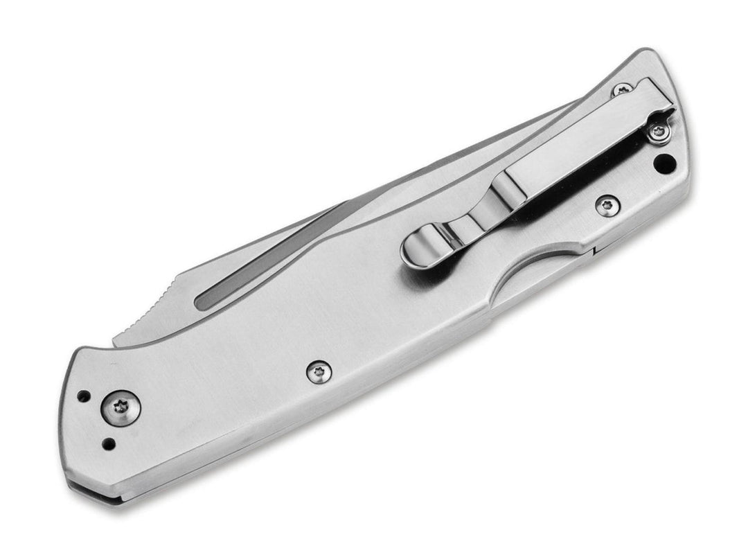 Böker Plus MEK folding knife closed, brushed steel handle showing pocket clip and thumb stud, angled view