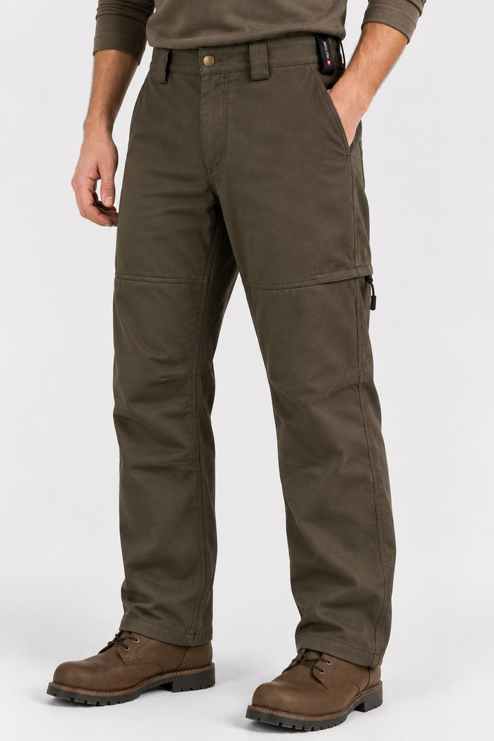 Man wearing No Tick Forest Trousers in brown, front view with hands in pockets