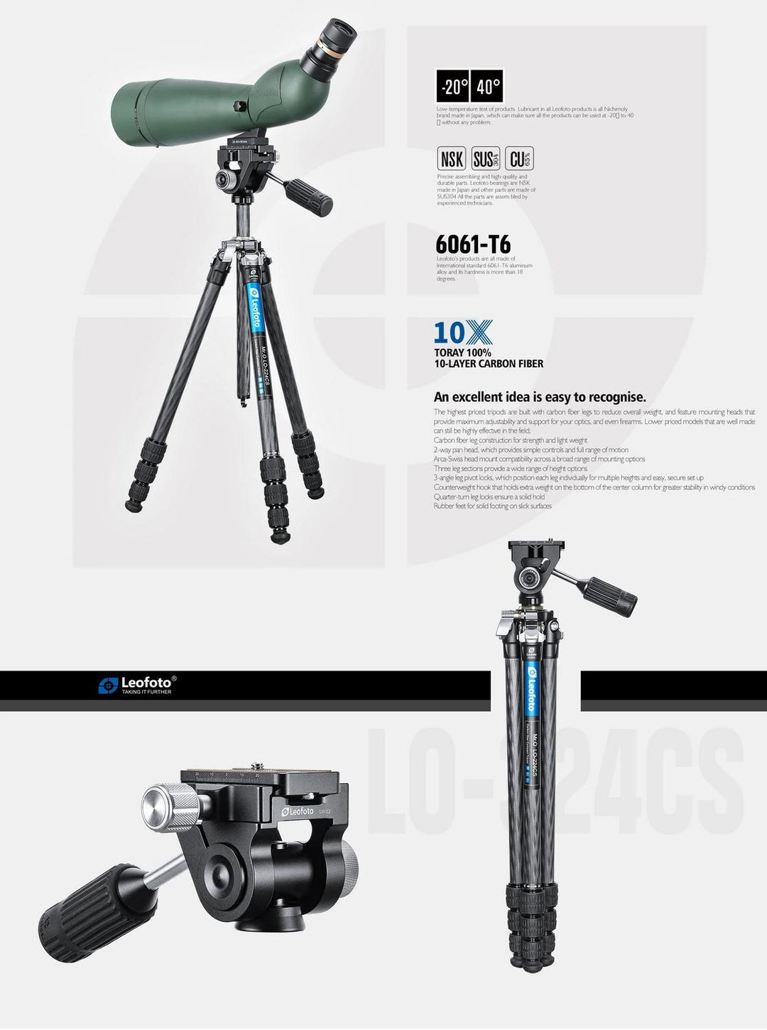 Leofoto Mr O LO-224CS Carbon Tripod with SW-02 Fluid Head