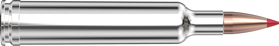 Loaded Hornady .257 Weatherby Magnum 90gr CX cartridge lying horizontally, nickel-finished case with a monolithic copper bullet and a red polymer tip