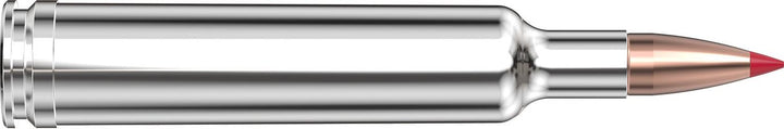 Loaded Hornady .257 Weatherby Magnum 90gr CX cartridge lying horizontally, nickel-finished case with a monolithic copper bullet and a red polymer tip