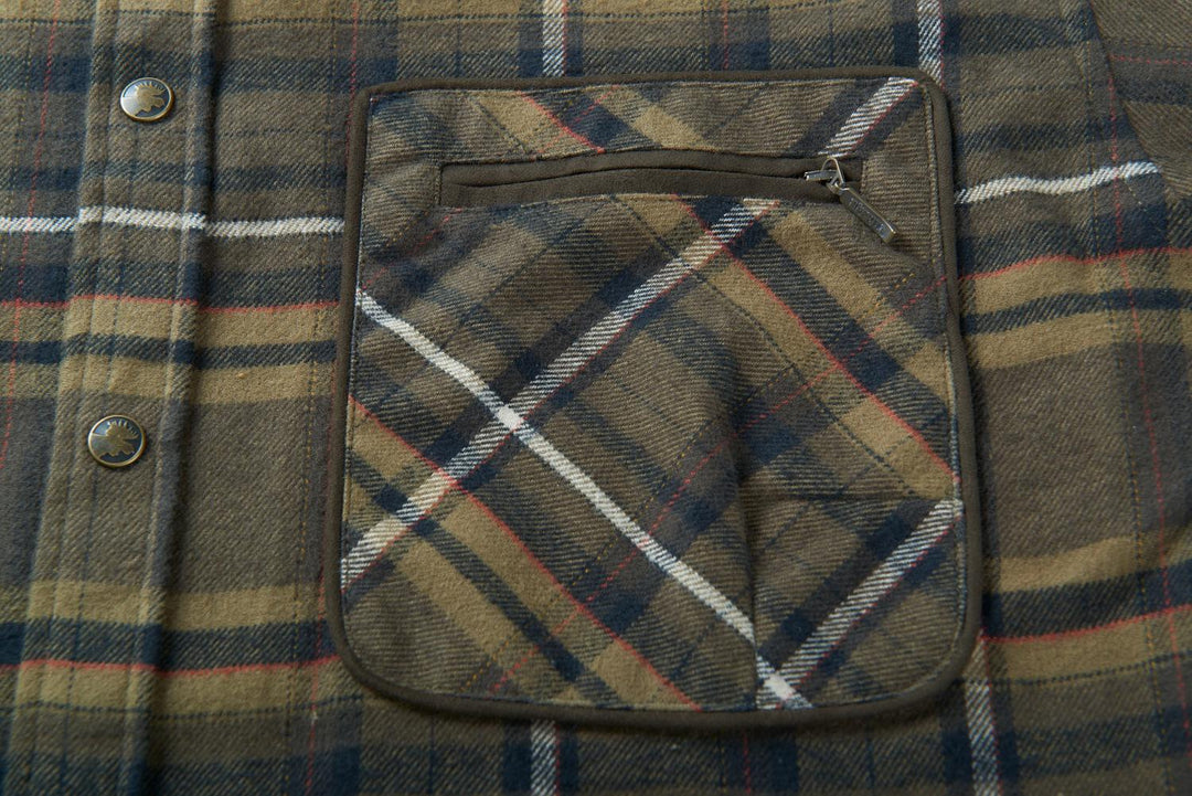 Close-up of a Harkila Pajala chest pocket with a horizontal zip across the flap, flanked by two press studs on the check flannel.
