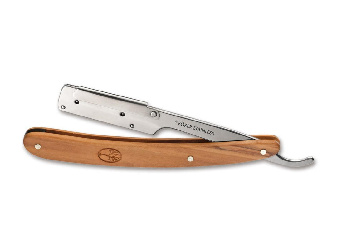 Böker Pro Razette straight razor with olive wood handle and polished steel blade, shown open from the side