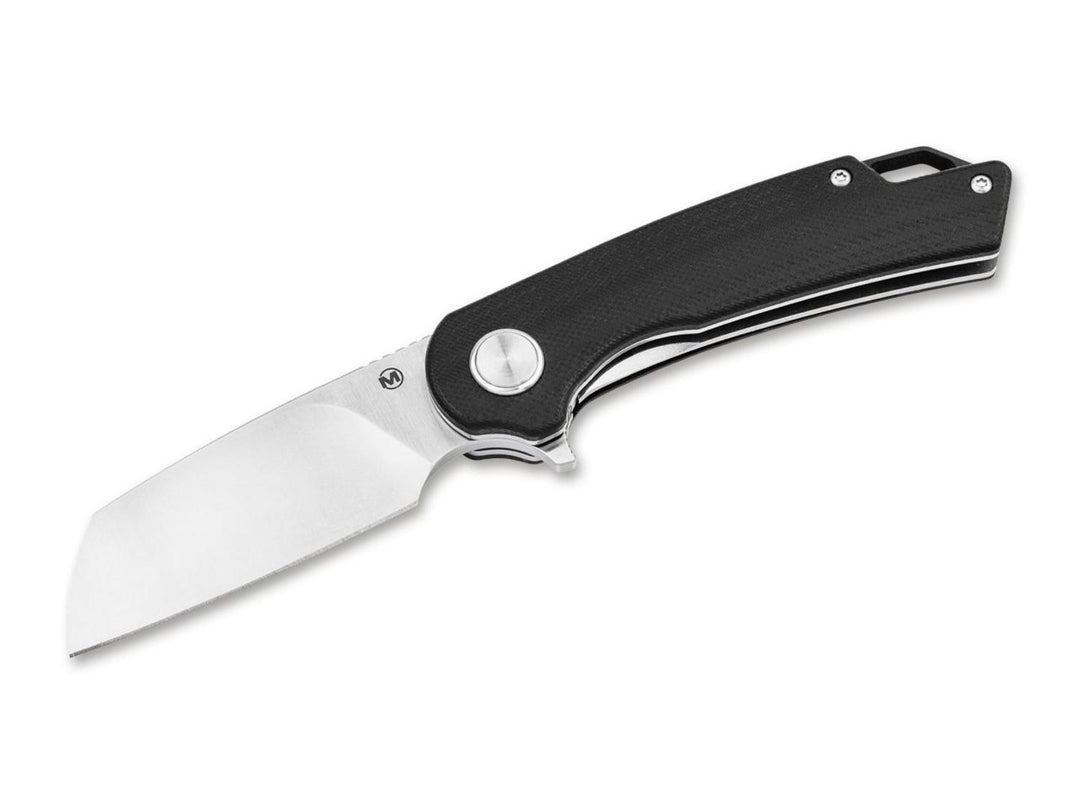 Böker Magnum Cliff Wharn folding knife with black G10 handle and satin sheepsfoot-style blade, side view on white