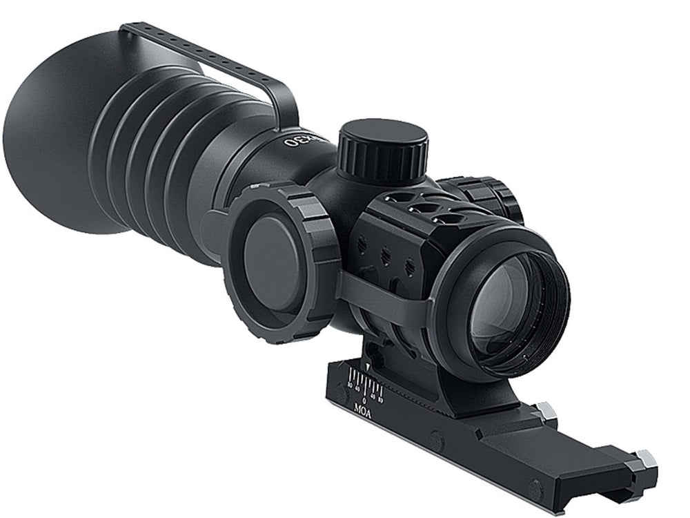 Immersive Optics 5x30 prismatic scope on its MOA adjustable Weaver mount, three-quarter front view showing the ribbed objective housing, turret and eyepiece cap