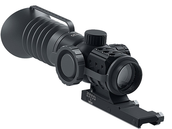 Immersive Optics 5x30 prismatic scope on its MOA adjustable Weaver mount, three-quarter front view showing the ribbed objective housing, turret and eyepiece cap