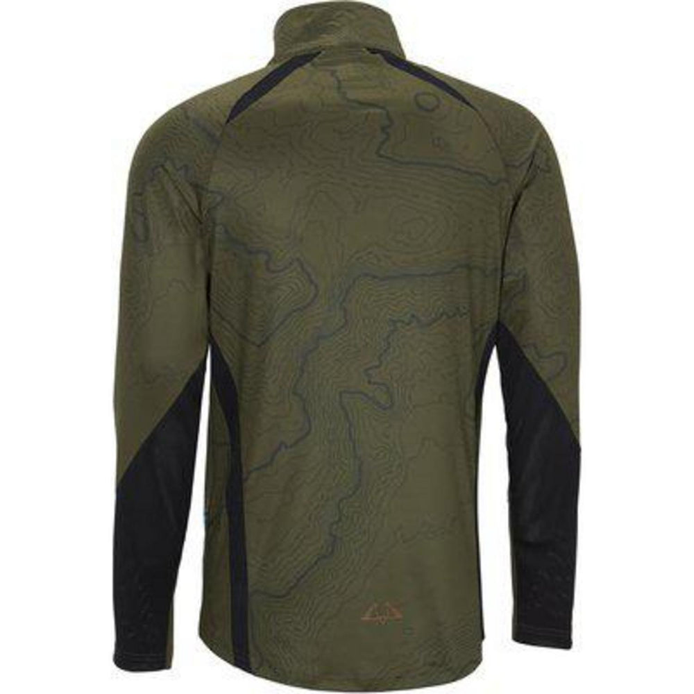 SwedTeam Alpha Antibite sweater in olive green, rear view showing the topographic print and dark side panels