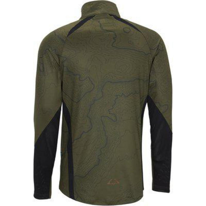 SwedTeam Alpha Antibite sweater in olive green, rear view showing the topographic print and dark side panels