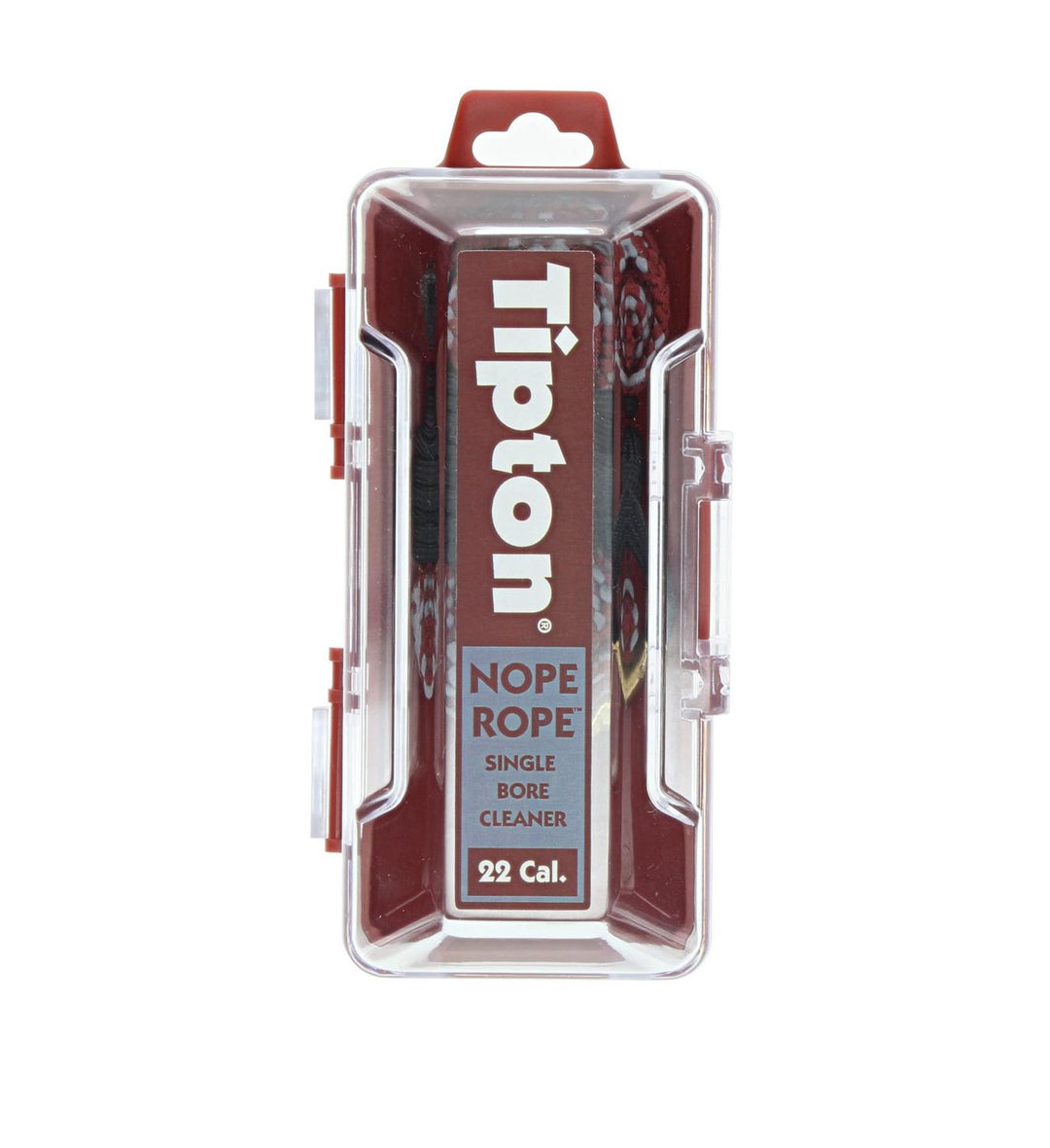 Tipton Nope Rope single bore cleaner in .22 calibre, upright clear plastic case with a red Tipton label and the coiled rope inside