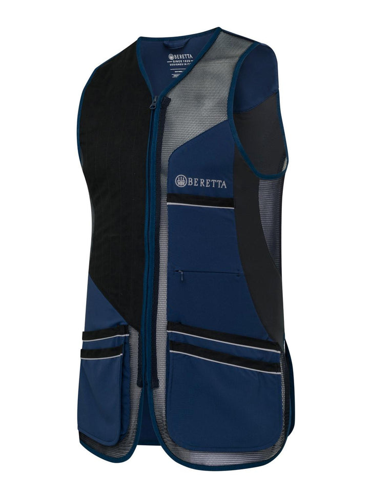 Beretta Crosser Vest in navy blue and black with grey mesh, three-quarter front view showing Beretta logo and pockets