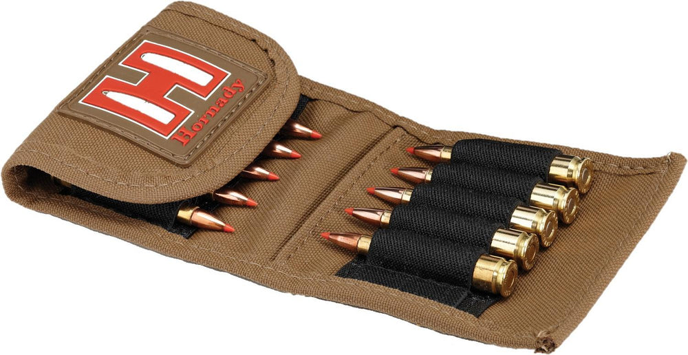 Hornady tan ammo pouch opened out flat, showing rifle cartridges held in the elastic loops inside both halves.