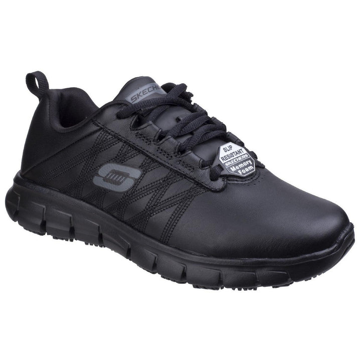 Skechers Workwear Sure Track Erath Occupational Shoe Black - Side stitched stripe designs with S logo, Lace up sporty casual comfort slip resistant work sneaker design