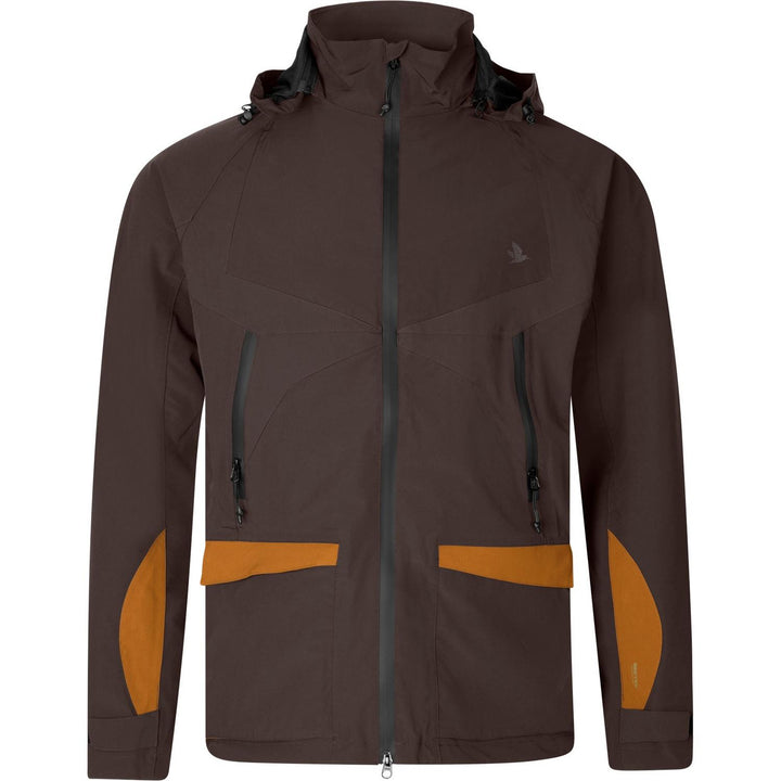 Seeland Dog Active jacket in dark brown with tan panels, front view showing the hood and tan lower pockets