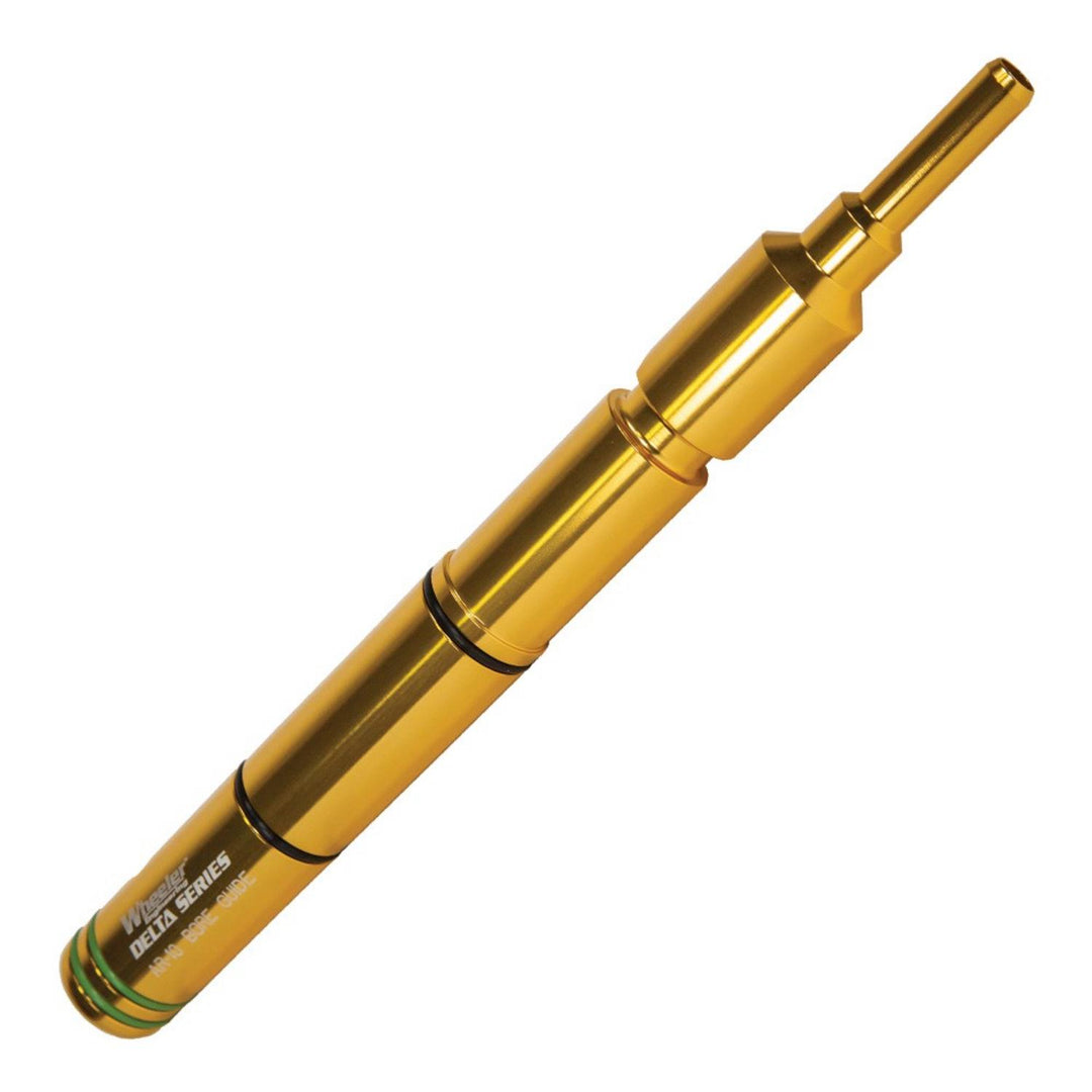 Wheeler Delta Series AR-15 bore guide, gold anodised stepped aluminium tube shown diagonally with the solvent port and rod entry visible