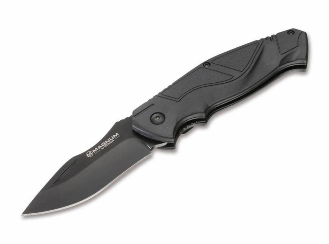 Böker Magnum Advance All Black Pro 42 folding knife with black textured handle and black clip-point blade, open side view