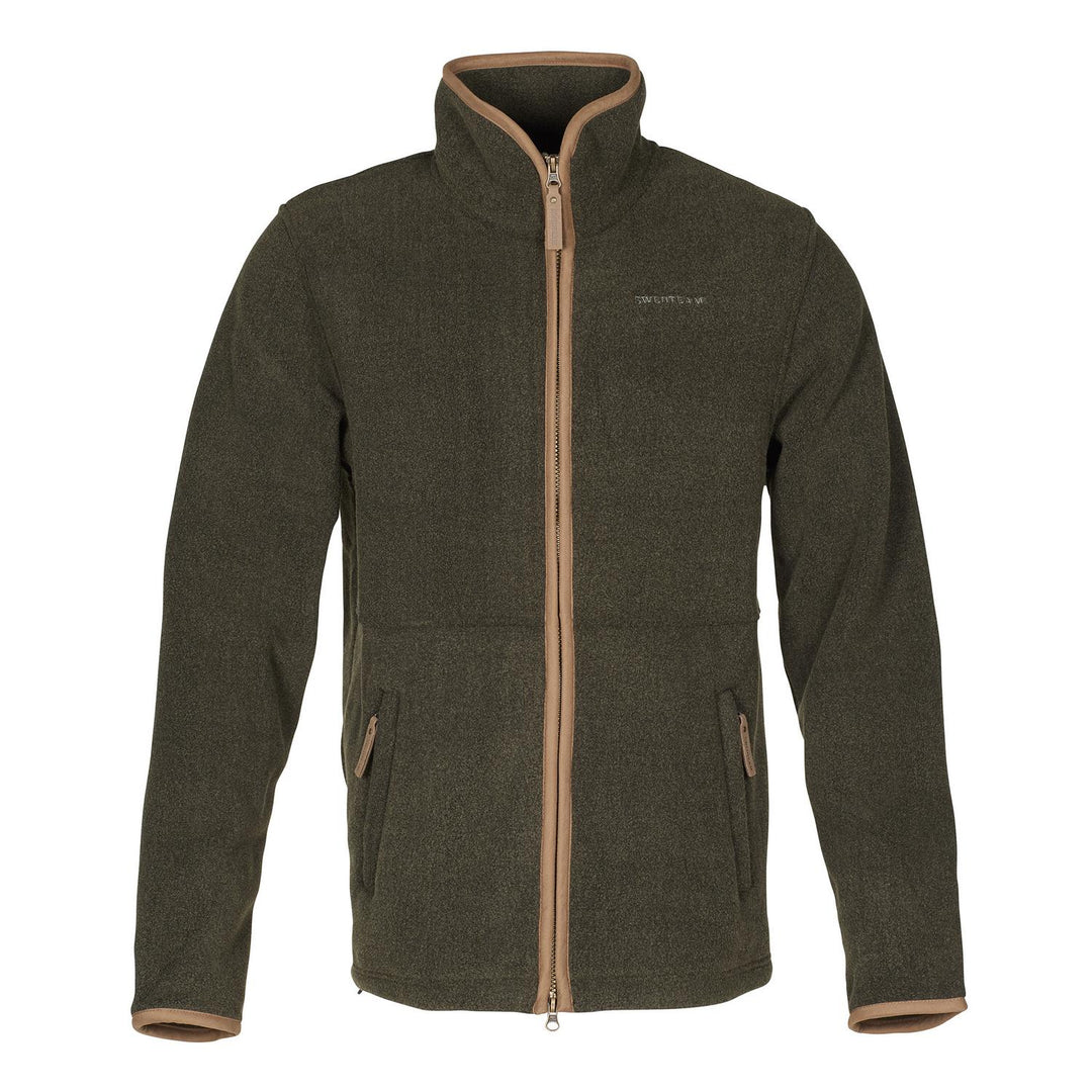 Crest fleece jacket in olive-green marl, front view on an invisible mannequin with tan contrast binding at the stand collar, cuffs and hem, and two zipped hand pockets.