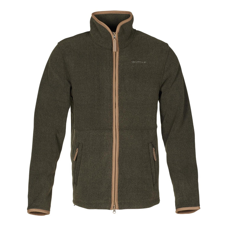 Crest fleece jacket in olive-green marl, front view on an invisible mannequin with tan contrast binding at the stand collar, cuffs and hem, and two zipped hand pockets.