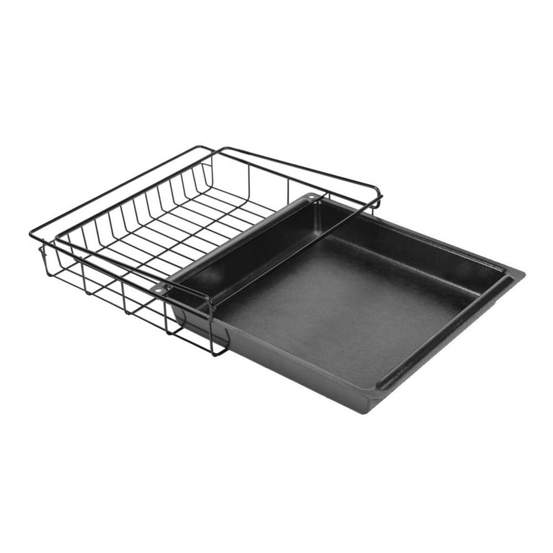 Lockdown gun safe drawer, chrome wire mesh basket seated in a black moulded tray, shown at a three-quarter angle