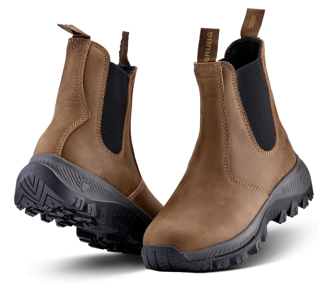 Grubs Blizzard waterproof leather dealer boots in tan brown nubuck with black elastic side gussets and chunky black sole, pair three-quarter view