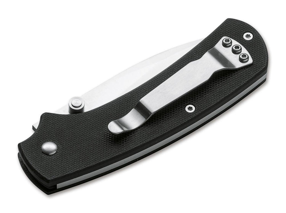 Böker Plus XS Drop folding knife, black handle back view showing steel pocket clip
