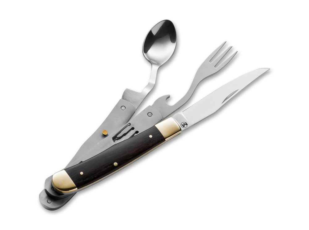 Böker Magnum Bon Appetite folding camping cutlery set shown from above with spoon, fork and knife fanned out from the dark wood handle